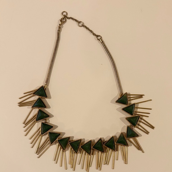 Vintage 1970’s Green Glass Triangles + Brass Bohemian Fringe Necklace - Picture 2 of 5